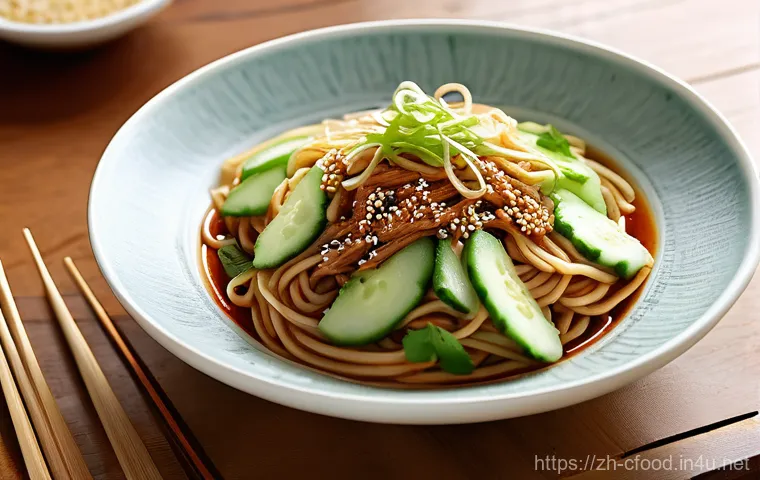 중국 냉면 종류 - **Northeast Cold Noodles: Icy & Refreshing Summer Delight**
    An overhead shot capturing a large, ...